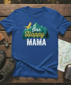 One Happy MAMA t-shirt with mountain and eagle graphic, featuring green mountains, yellow text, and a flying eagle