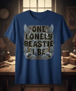 One Lonely Beastie I Be quote on a dark t-shirt with intricate mythical creature graphics and ornate borders