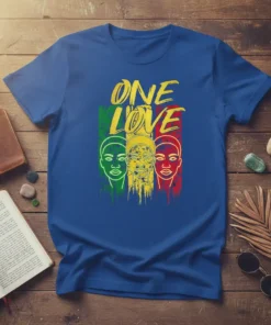 One Love Rasta Pride T-Shirt with three stylized faces and reggae flag colors