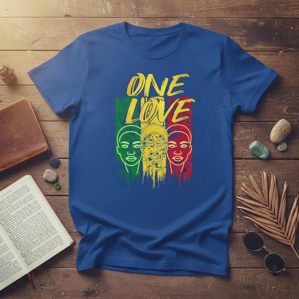 One Love Rasta flag colors with three diverse faces graphic on blue t-shirt