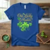 One Lucky Mama t-shirt design with gold script text and green shamrocks