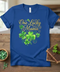 One Lucky Mama t-shirt design with gold script text and green shamrocks