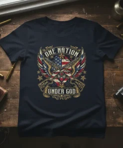 One Nation Under God t-shirt with crossed rifles, American flag, and wings graphic. Patriotic design for American pride