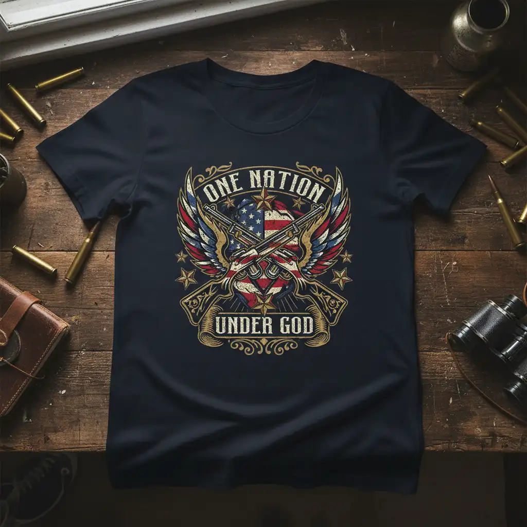 One Nation Under God patriotic t-shirt design featuring crossed rifles and American flag emblem