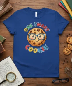 One Smart Cookie text with a cute cartoon cookie wearing glasses on a royal blue t-shirt