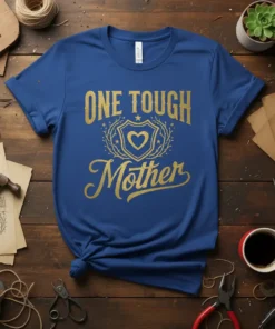 Gold text "ONE TOUGH Mother" with shield and heart graphic on a royal blue t-shirt
