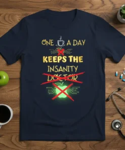 Funny "One A Day Keeps The Insanity Doctor" quote on a navy t-shirt with coffee cup and crossed-out apple graphics