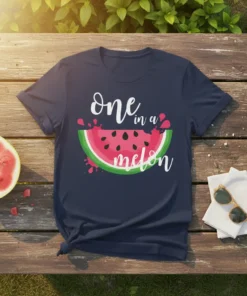 Navy t-shirt with "one in a melon" text and a watermelon slice graphic