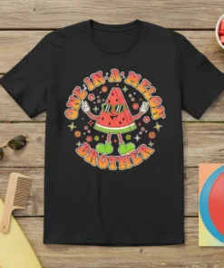 Retro One In A Melon Brother t-shirt with a smiling watermelon wearing sunglasses and peace signs