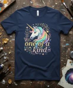 Navy t-shirt with "one of a kind" text and a colorful unicorn graphic surrounded by floral elements