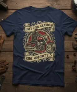 Only Cool Grandpas Ride Motorcycles text on a navy t-shirt with a vintage motorcycle graphic and gear details