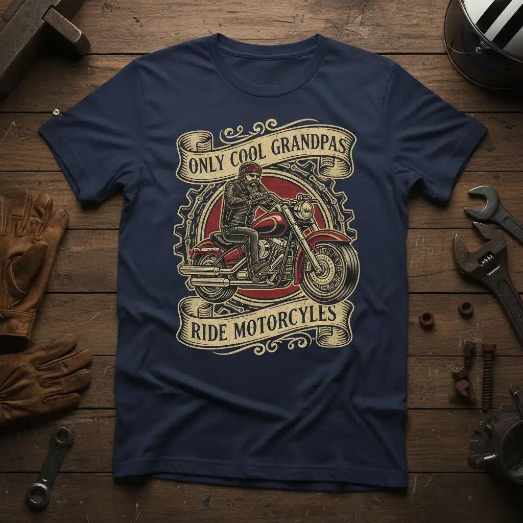 ONLY COOL GRANDPAS RIDE MOTORCYCLES text and vintage motorcycle graphic on a navy blue t-shirt