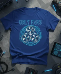 Only Fans t-shirt featuring three blue-lit computer cooling fans arranged in a circular tech pattern