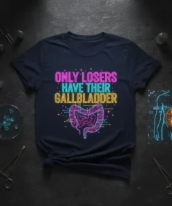 Neon text "Only Losers Have Their Gallbladder" with a graphic of intestines and gallbladder on a navy t-shirt