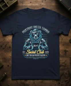 Navy t-shirt featuring a bear in a hat holding a sign that says "Only You Can Prevent Fascism"