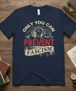 Only You Can Prevent Fascism text design on a navy blue t-shirt with a raised fist graphic and chained figures
