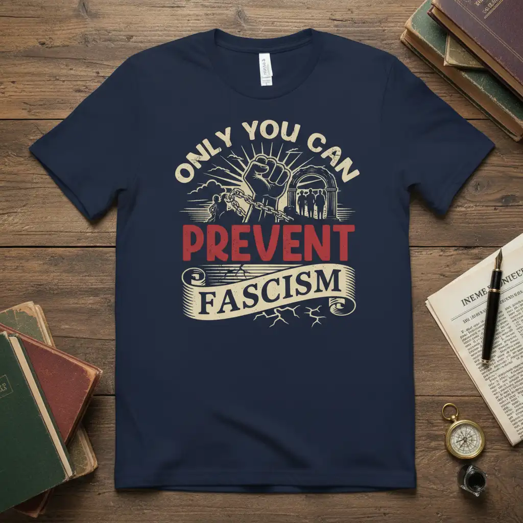 Only You Can Prevent Fascism text with raised fist and chained figures graphic on a political statement t-shirt