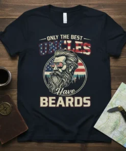 Only The Best Uncles Have Beards text design with vintage patriotic uncle graphic, featuring beard and sunglasses