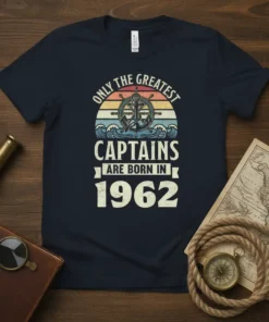 Vintage t-shirt design with text "Only the Greatest Captains Are Born in 1962" and a nautical anchor graphic