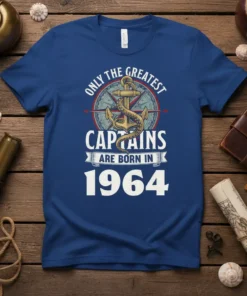 T-shirt with "ONLY THE GREATEST CAPTAINS ARE BORN IN 1964" text, featuring an anchor, compass, and nautical theme