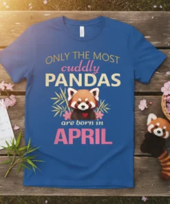 Only the Most Cuddly Pandas Are Born In April text with a cute red panda graphic on a blue t-shirt