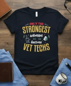 T-shirt design with text "ONLY THE STRONGEST women become VET TECHS" and medical graphics for veterinary technicians