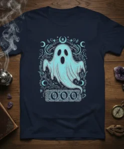 Mystical OOO Ghost Design t-shirt with celestial and occult symbols in blue and white