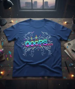 A blue t-shirt with the word "OOPS..." in colorful bubble letters, surrounded by white unicorn outlines