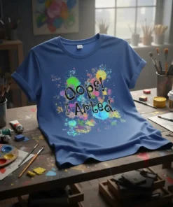 Oops! I Arted. t-shirt with black text and colorful paint splatters, designed for artists