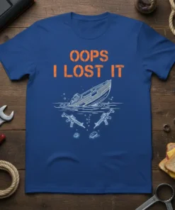 Oops I Lost It t-shirt design with a sinking boat and firearms illustration, text in orange