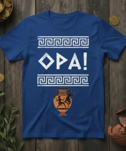 Blue t-shirt with white "Opa!" text, Greek key borders, and an ancient Greek amphora graphic