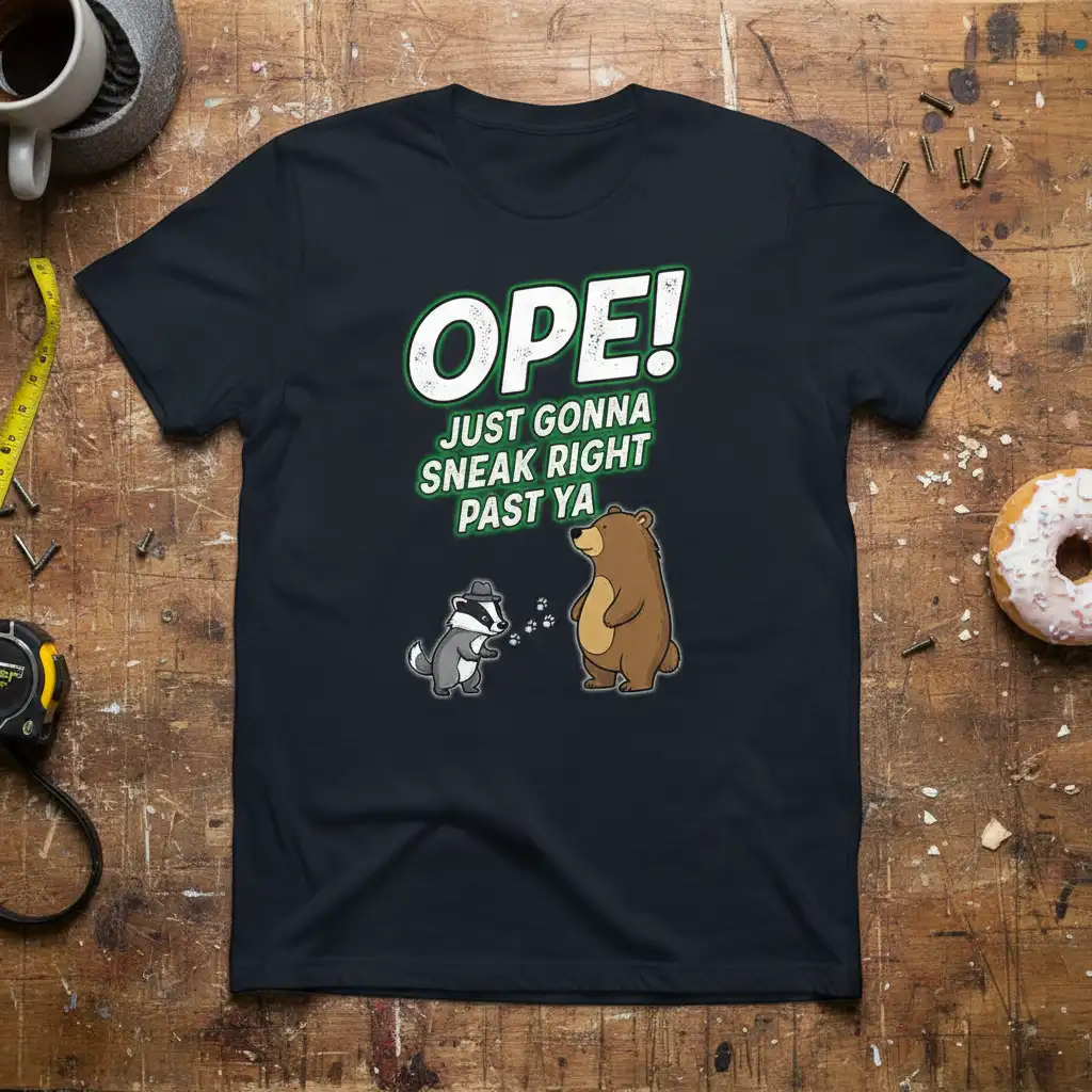 OPE! JUST GONNA SNEAK RIGHT PAST YA funny quote with raccoon and bear graphic on a dark t-shirt