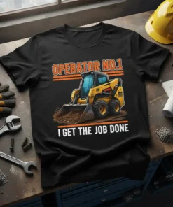Operator No.1 I Get The Job Done skid steer t-shirt design featuring a yellow skid steer loader digging dirt