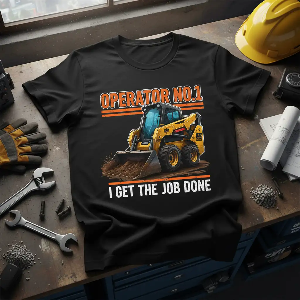 Operator No.1 I Get The Job Done skid steer t-shirt featuring bold text and a yellow heavy machinery graphic