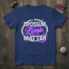 Opossum Lives Matter text design with a neon opossum graphic on a navy blue t-shirt