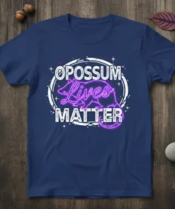 Opossum Lives Matter text design with a neon opossum graphic on a navy blue t-shirt