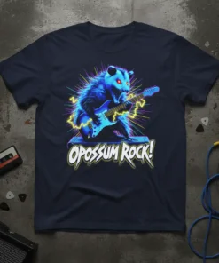 Opossum Rock! text design featuring a blue possum playing an electric guitar with neon yellow and purple lightning effects