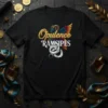 Opulence Ramsipses text with a winged ram and snake graphic on a black t-shirt