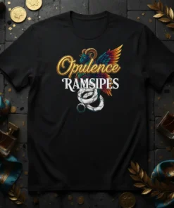 Opulence Ramsipses text with a winged ram and snake graphic on a black t-shirt