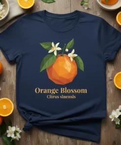 Orange Blossom Citrus sinensis text with a polygonal orange fruit and white blossoms on a navy t-shirt