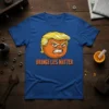 Orange Lies Matter slogan with a cartoon orange character with blonde hair on a blue t-shirt