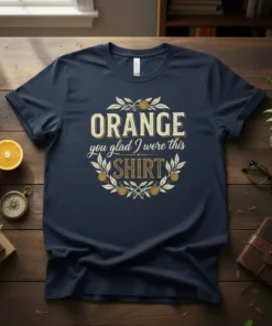 Navy t-shirt with "ORANGE you glad I wore this SHIRT" text in a laurel wreath design with oranges