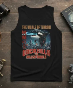 Orcazilla The Killer Whale T-Shirt featuring a monstrous orca with laser eyes destroying a city, with Japanese text and "The