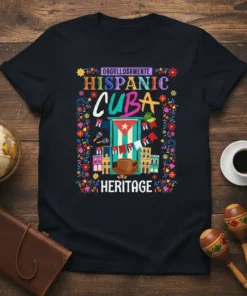 Orgullosamente Hispanic Cuba Heritage T-Shirt featuring colorful floral border and Cuban flag elements