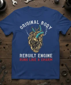Original Body Rebuilt Engine Runs Like a Charm t-shirt design featuring a steampunk heart graphic