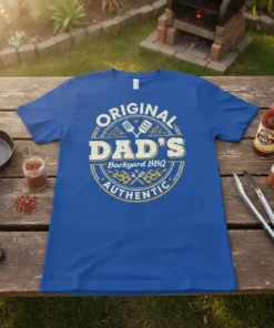 Original DAD'S Backyard BBQ AUTHENTIC text design with grill tools and flames on a blue t-shirt