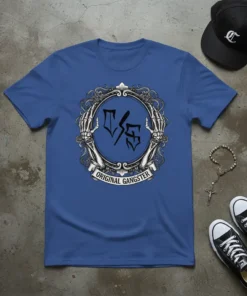 Blue t-shirt with "Original Gangster" text and skeletal hands framing a circular emblem with stylized letters