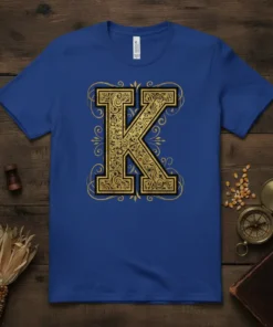 Ornate vintage Letter K monogram design with gold intricate patterns on a royal blue t-shirt