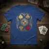Ornate playing card crest design featuring gold spades, clubs, hearts, and a blue and gold shield on a blue t-shirt