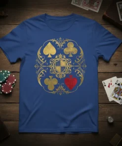 Ornate playing card crest design featuring gold spades, clubs, hearts, and a blue and gold shield on a blue t-shirt